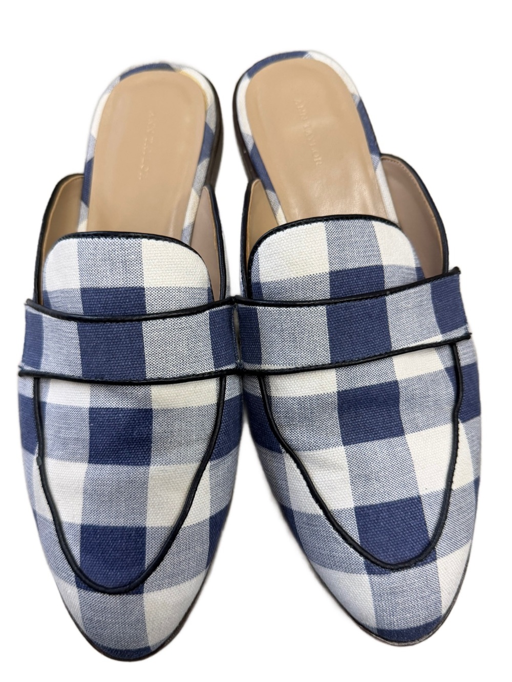 Ann Taylor Navy Blue Gingham Plaid Pointed Toe Mules Size 9.5M EUC